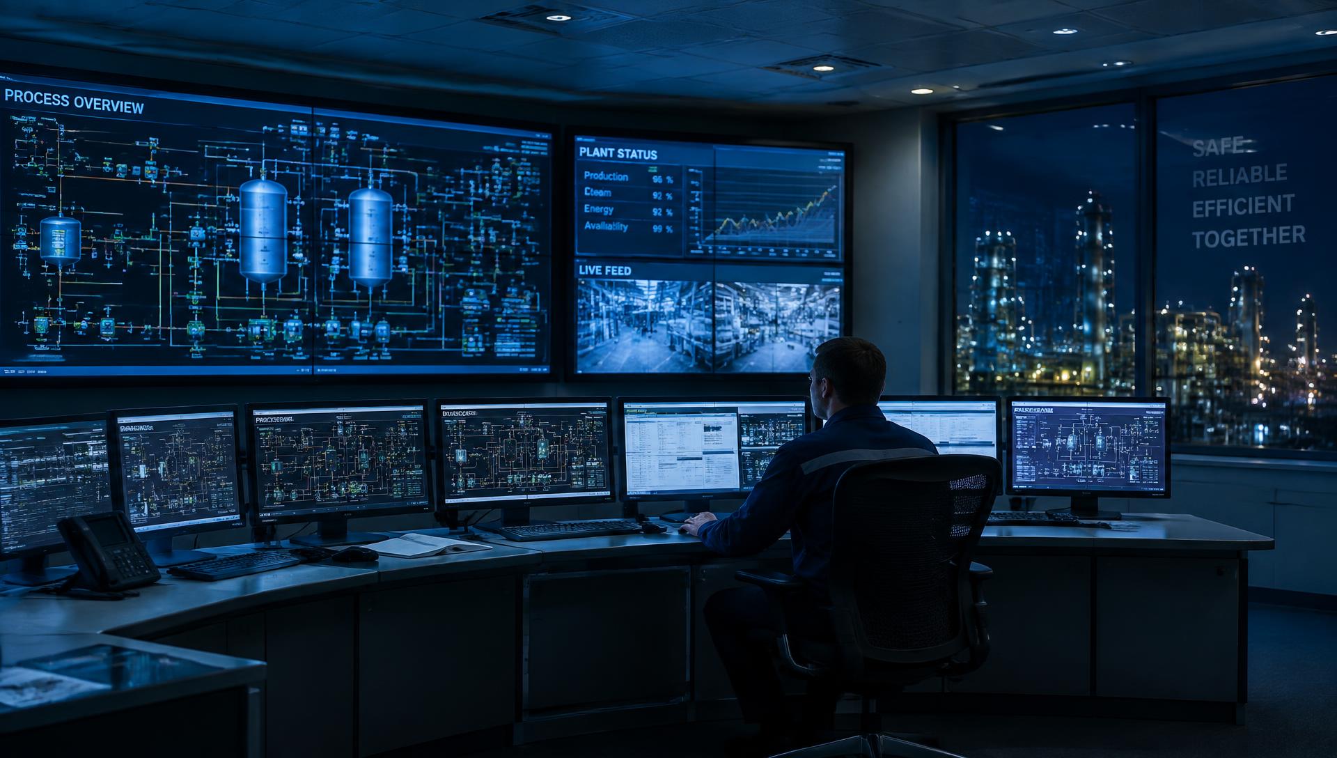 Operator monitoring process screens in an industrial control room