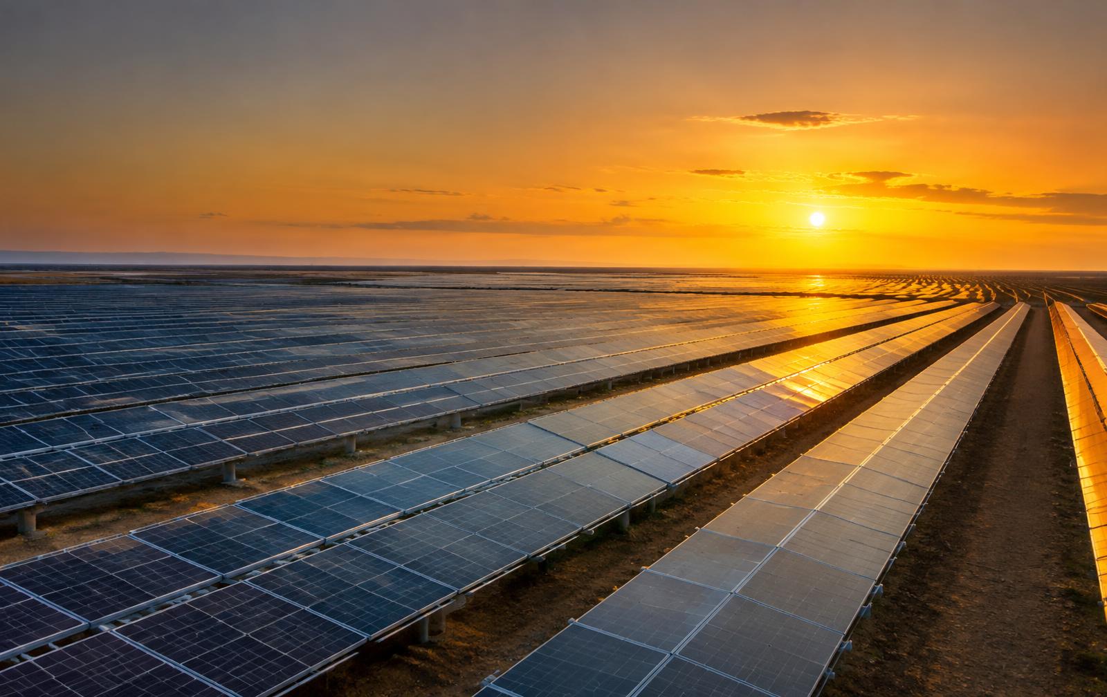 Utility-scale solar farm at sunset